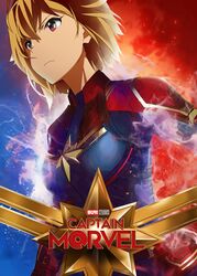  aura bin1production blue_bodysuit bodysuit brown_hair captain_marvel captain_marvel_(cosplay) captain_marvel_(film) closed_mouth commentary_request cosplay cover fake_cover female frown highres ibuki_tsubasa idolmaster idolmaster_million_live! logo_parody long_sleeves marvel marvel_cinematic_universe messy_hair movie_poster multicolored_bodysuit multicolored_clothes parody poster_(medium) poster_parody red_bodysuit red_eyes short_hair solo standing star_(symbol) taku1122 title_parody upper_body 