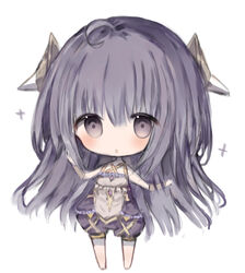  :o aenea_(shadowverse) bad_id bad_pixiv_id bare_shoulders barefoot blush chibi commentary_request cottontailtokki female full_body hair_between_eyes hair_ornament hand_up long_hair looking_at_viewer parted_lips puffy_shorts purple_eyes purple_hair purple_shorts shadowverse short_shorts shorts simple_background solo standing very_long_hair white_background 