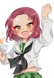  alternate_costume arm_up bad_id bad_twitter_id black_neckerchief blouse brown_eyes clenched_hand commentary_request cup female girls_und_panzer green_skirt holding holding_cup kumasawa_(dkdkr) light_blush long_sleeves looking_at_viewer medium_hair midriff navel neckerchief oerba_yun_fang one-hour_drawing_challenge ooarai_school_uniform open_mouth pleated_skirt raised_fist red_hair rosehip_(girls_und_panzer) school_uniform serafuku shirt simple_background skin_fang skirt smile solo spilling standing teacup upper_body v-shaped_eyebrows white_shirt 