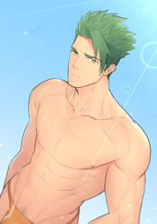  1boy achilles_(fate) bad_id bad_pixiv_id bara commentary fate/apocrypha fate/grand_order fate_(series) green_hair hunterkay male_focus male_pubic_hair muscular muscular_male pectorals photoshop_(medium) pubic_hair short_hair simple_background solo swimsuit topless_male upper_body yellow_eyes 