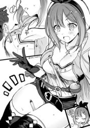  atelier_(series) atelier_ryza atelier_ryza_1 belt blush breasts buckle cleavage commentary_request female greyscale hair_ornament hairclip hat jewelry monochrome muutsuki necklace reisalin_stout short_shorts shorts solo thighhighs thighs vial 