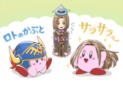  1boy blue_eyes brown_hair commentary_request copy_ability dragon_quest dragon_quest_xi dual_persona erdrick&#039;s_helmet gloves helmet hero_(dq11) kirby kirby_(series) long_hair male_focus open_mouth sayoyonsayoyo slime_(dragon_quest) smile super_smash_bros. translated 