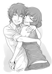  2girls akiyama_yoshiko akiyama_yukari bad_id bad_pixiv_id bare_shoulders blush cheek-to-cheek commentary dated girls_und_panzer greyscale half-closed_eyes head_tilt heads_together highres hizuekeaki hug looking_at_viewer looking_back messy_hair monochrome mother_and_daughter multiple_girls open_mouth shirt short_hair signature sleeves_rolled_up smile tank_top teeth white_background 