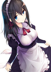  absurdres apron black_dress black_hair blue_eyes blush breasts closed_mouth commentary_request curtsey dress female frills hair_between_eyes highres idolmaster idolmaster_cinderella_girls juliet_sleeves large_breasts long_hair long_sleeves looking_at_viewer maid maid_headdress megurumiru neck_ribbon puffy_sleeves red_ribbon ribbon sagisawa_fumika simple_background skirt_hold smile solo underbust waist_apron white_background 