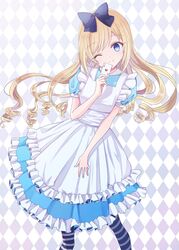  ;) ace_(playing_card) ace_of_hearts alice_(alice_in_wonderland) alice_in_wonderland apron argyle_background black_bow blonde_hair blue_dress blue_eyes blush bow card closed_mouth commentary_request dress female frilled_apron frilled_dress frills hairbow head_tilt heart holding holding_card long_hair maid_apron one_eye_closed pantyhose playing_card puffy_short_sleeves puffy_sleeves ringlets short_sleeves smile solo striped_clothes striped_pantyhose suzume_anko very_long_hair white_apron 