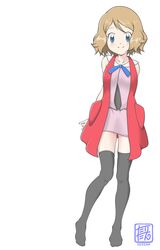  absurdres arms_behind_back black_thighhighs blue_eyes blue_ribbon brown_hair character_name closed_mouth collarbone commentary_request female highres looking_at_viewer miniskirt neck_ribbon pencil_skirt pink_shirt pink_skirt pokemon pokemon_(anime) pokemon_xy_(anime) ribbon serena_(pokemon) shirt short_hair simple_background skirt sleeveless sleeveless_shirt smile solo tax2rin thighhighs white_background zettai_ryouiki 