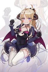  +_+ ahoge aliceblue bad_id bad_pixiv_id bat_hair_ornament bell blonde_hair breasts choker demon_girl dress fangs female gloves hair_ornament highres horns long_hair looking_at_viewer low_wings neck_bell ponytail purple_eyes small_breasts smile solo thighhighs wings zoom_layer 