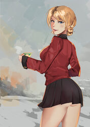  absurdres ass bad_id bad_pixiv_id black_skirt blonde_hair blue_eyes blush braid commentary cup darjeeling_(girls_und_panzer) female from_behind girls_und_panzer highres holding holding_cup jacket kowaremashita lipstick long_sleeves looking_at_viewer looking_back makeup military military_uniform miniskirt painterly parted_lips pleated_skirt red_jacket red_lips short_hair skirt smile solo st._gloriana&#039;s_military_uniform standing teacup thighs tied_hair twin_braids uniform 