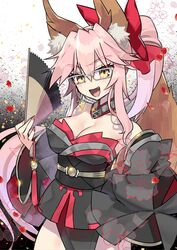  alternate_color animal_ear_fluff animal_ears bare_shoulders black_kimono breasts cleavage commentary_request cosplay detached_sleeves fate/grand_order fate_(series) female fox_ears fox_girl fox_tail glasses hair_ribbon hand_fan japanese_clothes kimono koyanskaya_(fate) large_breasts long_hair looking_at_viewer nail_polish negi_(ulog&#039;be) oerba_yun_fang open_mouth pink_hair red_ribbon ribbon side_ponytail solo tail tamamo_(fate) tamamo_no_mae_(fate/extra) tamamo_no_mae_(fate/extra)_(cosplay) very_long_hair yellow_eyes 