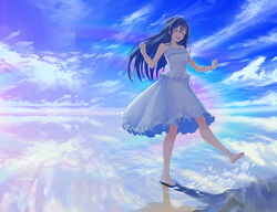  absurdres blue_hair blush closed_eyes cloud collarbone commentary_request dress female frills hair_between_eyes happy highres kicking leg_up long_hair megurumiru open_mouth original outdoors photoshop_(medium) reflection reflective_water sky sleeveless sleeveless_dress smile solo splashing water white_dress 