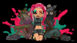  3girls agent_8_(splatoon) arm_on_knee artist_name asymmetrical_sleeves bandana black_bow black_footwear black_hair black_jacket black_skirt boonie_hat bow capri_pants closed_mouth commentary cosplay cropped_torso crown dark-skinned_female dark_skin dress fangs from_side frown goggles goggles_on_head gradient_hair green_hair green_pants groin hanako515_ika highres inkling jacket jewelry kneeling long_sleeves looking_at_viewer marina_(splatoon) medallion miniskirt multicolored_hair multiple_girls navel necklace octoling octoling_girl octoling_player_character one_eye_closed open_mouth orange_eyes paint_splatter paint_splatter_on_face pants pearl_(splatoon) pencil_skirt pink_dress pink_footwear pink_hair pointy_ears red_hair shirt shoes short_dress signature sitting skirt sleeveless sleeveless_shirt smile sneakers splatoon_(series) splatoon_2 splatoon_2:_octo_expansion squidbeak_splatoon suction_cups sweater sweater_dress takozonesu takozonesu_(cosplay) tentacle_hair thigh_strap uneven_sleeves v_arms white_hair white_shirt zipper 