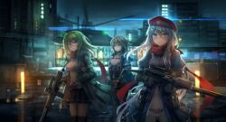  3girls 9a-91 9a-91_(girls&#039;_frontline) ahoge aircraft ak-74u_(girls&#039;_frontline) aks-74u as_val as_val_(girls&#039;_frontline) assault_rifle backlighting bad_id bad_pixiv_id beret black_panties blonde_hair blue_dress blue_eyes blush breasts cityscape cleavage cloud cloudy_sky dress girls&#039;_frontline glasses gloves gun hair_between_eyes hair_ornament hat helicopter holding hood hooded_jacket jacket kalashnikov_rifle large_breasts lithium10mg long_hair long_sleeves looking_at_viewer low_twintails medium_breasts multiple_girls navel night outdoors panties red_scarf rifle scarf see-through skirt sky star_(symbol) star_hair_ornament stuffed_animal stuffed_toy teddy_bear thighhighs twintails underwear very_long_hair weapon white_hair 