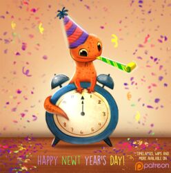  alarm_clock ambiguous_gender amphibian clock clothing confetti digital_media_(artwork) digital_painting_(artwork) feral hat headgear headwear holidays humor new_year newt noisemaker party_hat piper_thibodeau pun salamander solo visual_pun yellow_eyes 