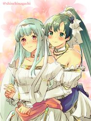  2girls absurdres bare_shoulders blue_hair blush bouquet breasts bridal_veil bride cape commentary_request dress fire_emblem fire_emblem:_the_blazing_blade fire_emblem_heroes flower gloves green_eyes green_hair hair_ornament high_ponytail highres jewelry long_hair looking_at_viewer lyn_(bridal)_(fire_emblem) lyn_(fire_emblem) multiple_girls ninian_(bridal)_(fire_emblem) ninian_(fire_emblem) nishimura_(shinchinagachi) ponytail protected_link simple_background smile veil wedding_dress white_dress white_gloves 