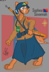  2019 3_toes alvidz armor barefoot blue_eyes civet clothed clothing digital_media_(artwork) feet female full-length_portrait fully_clothed gun headgear helmet hi_res mammal military pink_nose portrait ranged_weapon rifle soldier solo standing toes uniform viverrid warrior weapon 