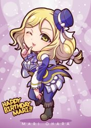  birthday blonde_hair boots brightest_melody character_name chibi commentary_request english_text female happy_birthday hat long_hair long_sleeves love_live! love_live!_sunshine!! love_live!_sunshine!!_the_school_idol_movie_over_the_rainbow miloku ohara_mari one_eye_closed pants sidelocks solo yellow_eyes 