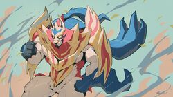  16:9 2019 anthro anthrofied blue_body blue_fur blue_hair canid canine canyne_khai crowned_shield_zamazenta featureless_crotch fur generation_8_pokemon hair hi_res legendary_pokemon male mammal muscular muscular_male nintendo pokemon pokemon_(species) pokemorph red_body red_fur solo thick_thighs vein widescreen zamazenta 