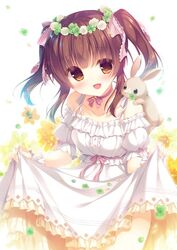  :d animal animal_on_shoulder bare_shoulders blush breasts brown_eyes brown_hair clover collarbone commentary_request dress female flower flower_wreath four-leaf_clover head_wreath idolmaster idolmaster_cinderella_girls looking_at_viewer off_shoulder ogata_chieri open_mouth puffy_short_sleeves puffy_sleeves rabbit rabbit_on_shoulder short_sleeves sidelocks skirt_hold small_breasts smile solo twintails white_background white_dress white_flower yellow_flower yukie_(peach_candy) 