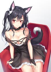  &gt;:) animal_ear_fluff animal_ears azur_lane bare_shoulders black_dress black_hair blush bow breasts bridal_gauntlets cleavage closed_mouth collarbone commentary_request dress fang_out female frilled_dress frills gradient_background grey_background hair_between_eyes hairbow highres large_breasts oerba_yun_fang off-shoulder_dress off_shoulder pdxen red_eyes shigure_(azur_lane) shigure_(the_ballroom&#039;s_lucky_star)_(azur_lane) short_dress sitting smile solo tail tail_raised twintails v-shaped_eyebrows white_background white_bow wolf_ears wolf_girl wolf_tail 