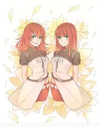  2girls bad_id bad_twitter_id black_bow blunt_bangs bow breasts devola flower green_eyes hair_between_eyes hair_flower hair_ornament highres long_hair looking_at_viewer medium_breasts multiple_girls nier:automata nier_(series) petals popola red_hair short_sleeves siblings sisters smile toufu_(toufu_53) twins white_background yellow_flower 