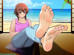  barefoot blue_pants boobnasslover brown_hair commentary_request denim feet female grand_blue highres jeans kotegawa_chisa nail_polish pants pink_shirt pose self-upload shirt short_hair smile soles solo tank_top toenail_polish toenails toes yellow_eyes 