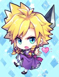  1boy blonde_hair blue_eyes braid buster_sword chibi cloud_strife cloud_strife_(ball_gown) commentary crossdressing dress final_fantasy final_fantasy_vii frown heart male_focus mary_janes open_mouth purple_dress sebychu shoes solo spiked_hair sword weapon 