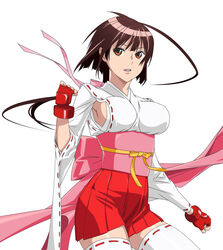  :d ahoge breasts brown_hair commentary_request cowboy_shot female fingerless_gloves floating_hair gloves hair_ribbon highres japanese_clothes kimono long_hair long_sleeves looking_at_viewer medium_breasts miniskirt musubi obi open_mouth orange_eyes pink_ribbon pleated_skirt ponytail red_gloves red_skirt ribbon ribbon-trimmed_legwear ribbon-trimmed_sleeves ribbon_trim sash sekirei sideboob simple_background skirt smile smile_(rz) solo standing thighhighs white_background white_kimono white_thighhighs wide_sleeves yellow_ribbon zettai_ryouiki 