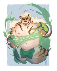  1boy animal_ears bara bare_pectorals beard belly blue_eyes bulge facial_hair fingernails furry furry_male highres hombre_tigre_(housamo) large_pectorals male_focus mature_male merdekyle muscular muscular_male navel nipples orange_fur pectorals plump sharp_fingernails short_hair shorts slime_(substance) solo stomach thick_eyebrows thick_thighs thighs tiger_boy tiger_ears tiger_stripes tokyo_afterschool_summoners torn_clothes torn_shorts white_hair wrestling_outfit 