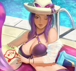  ball bare_shoulders beachball bikini bow breasts caitlyn_(league_of_legends) cleavage commentary day female hat innertube kirby kirby_(series) league_of_legends lips medium_breasts mole mole_on_breast mole_under_eye nail_polish navel o-ring o-ring_bikini off_shoulder one_eye_closed outdoors pool pool_party_(league_of_legends) pool_party_caitlyn purple_bikini purple_bow purple_eyes purple_hair purple_nails solo summer sun_hat sunglasses swim_ring swimsuit thaumazo water water_gun wet 