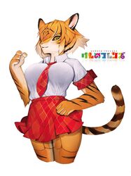  accessory alternate_species amber_eyes anthro bengal_tiger bengal_tiger_(kemono_friends) bottomwear breasts clothing felid female furrification garter hi_res kemono_friends legwear looking_at_viewer mammal miniskirt necktie necktie_between_breasts pantherine pattern_clothing plaid plaid_clothing pleated_skirt simple_background skirt soda_uyu solo stockings stripes tiger white_background 