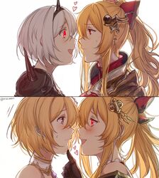  2girls alter_ego_conjurer_(granblue_fantasy) alternate_costume alternate_eye_color bare_shoulders blonde_hair blush bow brown_eyes djeeta_(granblue_fantasy) empty_eyes glorybringer_(granblue_fantasy) gloves glowing glowing_eyes granblue_fantasy hair_ornament hairbow hand_on_another&#039;s_chin heart highres looking_at_another multiple_girls open_mouth ponytail simple_background smile sweatdrop upper_body vira_(granblue_fantasy) white_background yandere yellow_eyes yukari_(bryleluansing) yuri 