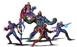  5boys alien armor avengers_(series) black_widow blonde_hair blue_eyes bodysuit bow_(weapon) breasts cape captain_america color_timer colored_skin commentary_request crossover ear_protection facial_hair female giant gloves glowing glowing_eyes green_skin hammer hawkeye_(marvel) highres holding horns hulk iron_man iron_man_(series) kuroda_asaki long_hair marvel mask mjolnir_(marvel) multiple_boys muscular nexus shield star_(symbol) superhero_costume the_ultraman thor_(marvel) ultra_series ultraman_(1st_series) ultraman_jonias ultraman_king ultraman_leo_(series) ultraman_nexus ultraman_nexus_(series) ultraman_nexus_junis_black ultraman_orb ultraman_orb_(series) ultraman_x ultraman_x_(series) ultraseven ultraseven_(series) weapon yellow_eyes 