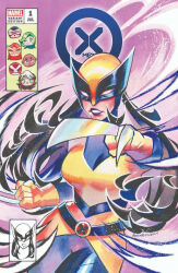 artist_name black_hair blank_eyes breasts claw_(weapon) clenched_hands comic_cover commentary cover cover_page cowboy_shot english_commentary female gloves highres large_breasts long_hair looking_at_viewer marvel narrow_waist official_art parted_lips rian_gonzales solo superhero_costume traditional_media weapon x-23 x-men yellow_gloves 