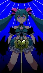  alternate_costume aqua_bow aqua_hair aqua_skirt atena_fumei bare_shoulders black_boots black_sleeves blue_background blue_eyes boots bow bright_pupils chest_tattoo closed_mouth collarbone commentary_request detached_sleeves earrings expressionless female frilled_skirt frilled_sleeves frills from_below hatsune_miku heart heart_earrings highres jewelry long_hair looking_at_viewer magical_girl navel number_tattoo pink_ribbon pixel_art puffy_short_sleeves puffy_sleeves ribbon short_sleeves skirt solo staff straight-on tattoo twintails vocaloid white_pupils 
