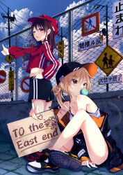  2girls bare_shoulders black_shorts blonde_hair blowing_bubble_gum blue_sky blush breasts brown_hair casual chain-link_fence chewing_gum cleavage cloud collarbone commentary_request contemporary crop_top cropped_jacket day english_text fence hair_bun hakurei_reimu hand_on_own_hip hat heart highres hitchhiking jacket kirisame_marisa long_hair long_sleeves medium_hair midriff multiple_girls off_shoulder on_ground open_mouth orange_hair outdoors ponytail red_eyes red_hat red_jacket revision shirt shoes shorts sign single_hair_bun sitting sky sneakers thighs thumbs_up touhou translated white_shirt yamanakaume 