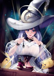  >_< :q absurdres azur_lane bare_shoulders blue_eyes breasts chocolate-covered_food chocolate_banana collarbone dress dutch_angle female fork guichen_(azur_lane) hat highres holding holding_fork holding_knife holding_spoon knife large_breasts large_hat lips long_hair manjuu_(azur_lane) mixed-language_commentary navel purple_hair see-through_clothes solo spoon tongue tongue_out very_long_hair white_dress white_hat witch_hat zaaap 
