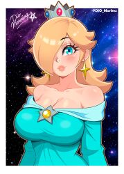  absurdres alternate_breast_size_(larger) artist_name bare_shoulders blonde_hair blue_dress blue_eyes blush border breasts brooch cleavage collarbone commentary crown dio_morningstar dress earrings english_commentary eyelashes female hair_over_one_eye highres jewelry large_breasts long_hair long_sleeves looking_at_viewer mario_(series) off-shoulder_dress off_shoulder outside_border parted_lips rosalina signature smile solo space star_(sky) star_(symbol) star_brooch star_earrings twitter_username upper_body white_border 