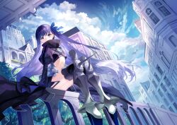  absurdres black_coat bow city cloud coat fate/extra fate/extra_ccc fate/grand_order fate_(series) female hairbow highres long_hair meltryllis_(fate) on_railing prosthesis prosthetic_leg purple_eyes purple_hair railing sitting user_frzm4382 very_long_hair 