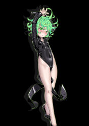  arms_up black_dress blush breasts commentary_request covered_navel dress female green_eyes green_hair highres looking_at_viewer mersoleil03 no_panties one-punch_man pelvic_curtain short_hair small_breasts solo tatsumaki 