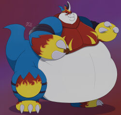  anthro armor bandai_namco belly big_belly blade blue_body blue_tail breastplate chubby_cheeks claws digimon digimon_(species) dragon fire_symbol flamedramon hi_res knee_pads male mythological_creature mythological_scalie mythology obese ogretusks overweight red_armor red_mask scalie snout solo standing tail thick_arms thick_tail thick_thighs white_belly white_body yellow_armor 