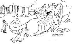  2024 anthro beverage clothing dragon duo forest hat headgear headwear horn male membrane_(anatomy) membranous_wings mythological_creature mythological_scalie mythology open_mouth outside plant scalie size_difference tail tea tegerio tree wings 
