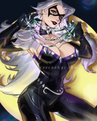  black_bodysuit black_cat_(marvel) black_gloves bodysuit breasts christine_spiegel cleavage cowboy_shot elbow_gloves eye_mask female gloves green_eyes grey_hair highres jewelry large_breasts long_hair marvel mask solo 