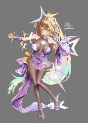  ahoge anis_(nikke) anis_(star)_(starlight)_(nikke) asymmetrical_gloves bare_shoulders black_bodystocking blush bodystocking breasts brown_eyes brown_hair dress elbow_gloves female full_body gloves goddess_of_victory:_nikke high_heels highres holding holding_microphone ice_bear large_breasts long_hair looking_at_viewer microphone official_alternate_costume open_mouth party_dress ponytail purple_dress purple_gloves see-through_bodystocking see-through_cleavage see-through_clothes simple_background single_elbow_glove smile solo star_(symbol) symbol-shaped_pupils very_long_hair 