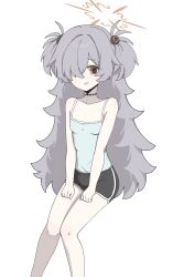  absurdres alternate_costume bare_shoulders black_shorts blue_archive breasts brown_eyes brown_halo commentary_request dolphin_shorts eyeball_hair_ornament female grey_hair hair_over_one_eye halo highres iro_(kzs_kyu7) kanoe_(blue_archive) long_hair looking_at_viewer mojyo scar scar_on_neck shorts simple_background small_breasts solo tank_top two_side_up white_background white_tank_top 