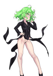  black_dress black_panties blush breasts commentary_request dress female green_eyes green_hair highleg highleg_panties highres looking_at_viewer mersoleil03 one-punch_man panties pantyshot short_hair small_breasts solo tatsumaki underwear 