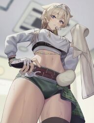  absurdres ars_rg0412 belt black_sports_bra black_thighhighs blue_eyes blush breasts brown_belt commentary_request fingerless_gloves from_below gloves goddess_of_victory:_nikke green_shorts grey_hair hairband headband highres holding holding_towel idol large_breasts long_hair navel open_mouth prika_(nikke) shirt shorts single_thighhigh sports_bra sweat thighhighs towel white_hairband white_headband 