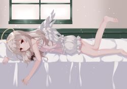  angel bare_legs bare_shoulders barefoot black_bow bloomers blush bow camisole commentary feathered_wings female frilled_camisole frills from_side hairbow halo highres indoors leg_up long_hair looking_at_viewer lying nanatuki13 on_bed on_stomach open_mouth original pink_camisole red_eyes revision solo strap_slip underwear white_hair white_wings wings 