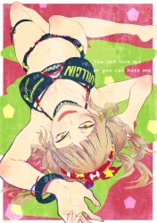  bikini black_bikini blonde_hair blunt_bangs boku_no_hero_academia border breasts colorful_background commentary double_bun english_text female green_background hair_bun highres large_breasts looking_at_viewer lying messy_hair metallica0807 navel on_back open_mouth outside_border red_background smile solo swimsuit thigh_strap toga_himiko white_border yellow_eyes 
