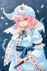  blue_hat blue_kimono blush breasts closed_mouth commentary female folded_fan folding_fan frilled_kimono frills hand_fan hat highres hitodama holding holding_fan japanese_clothes kimono large_breasts long_sleeves looking_at_viewer medium_hair mitsu~ mob_cap petal_print pink_eyes pink_hair print_kimono ribbon-trimmed_collar ribbon-trimmed_sleeves ribbon_trim saigyouji_yuyuko sleeve_garter smile solo touhou traditional_media triangular_headpiece wide_sleeves 