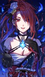  bare_shoulders black_gloves blue_background blue_fire blue_hair breasts cleavage commentary elizabeth_rose_bloodflame female fire gloves high_ponytail highres hololive hololive_english large_breasts long_hair multicolored_hair nl_p168 ponytail red_eyes red_hair solo two-tone_hair untranslatable_commentary upper_body virtual_youtuber 